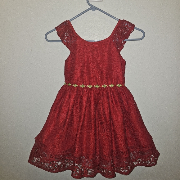 Laura Ashley Other - Laura Ashley Girls Red Lace Fit & Flare Dress Size 6 Floral Bow Accents
